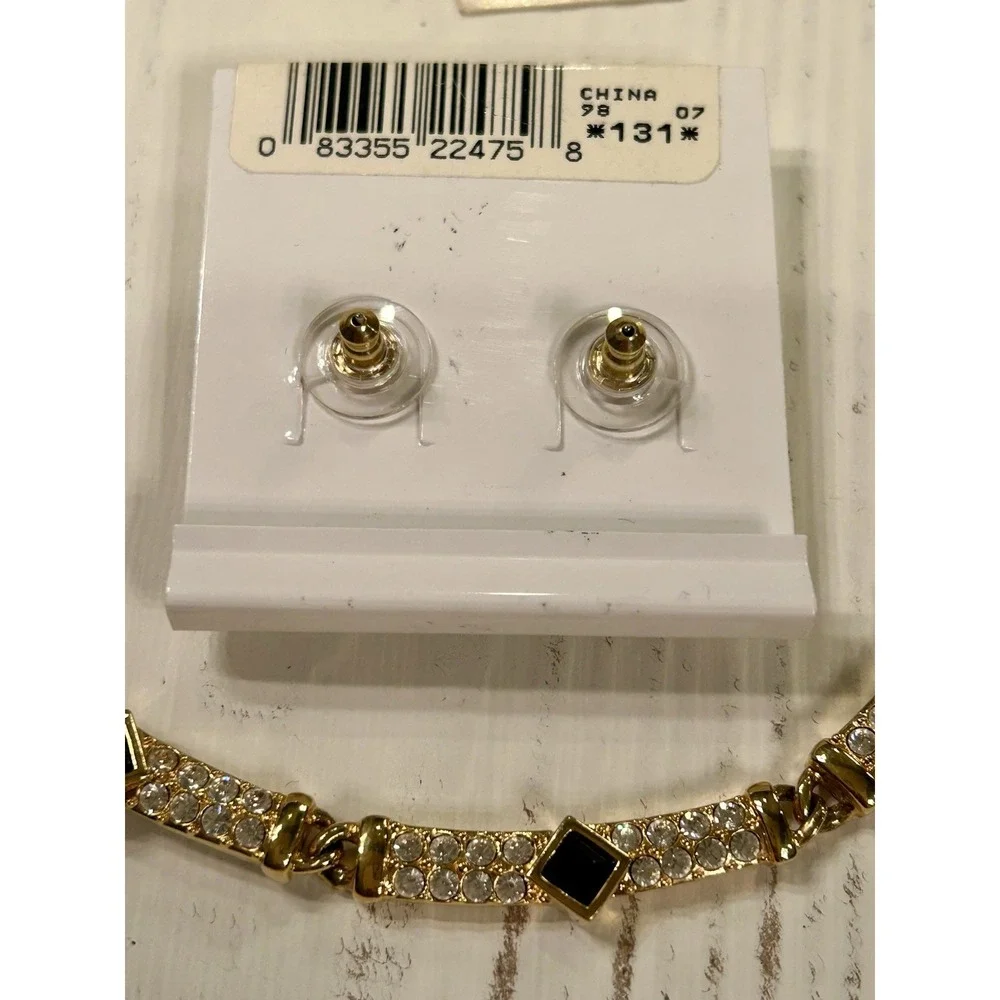 Vintage RUNWAY NAPIER 1990 NOS Black Clear Crystal Necklace & Earrings Orig Tags